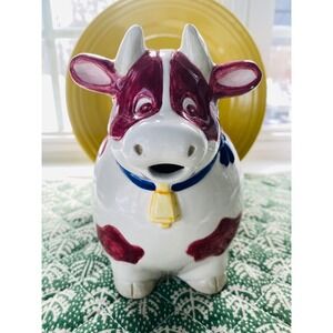 Ceramic Cow Creamer Pitcher Berry Red Spots Blue Collar Yellow Bell Vintage